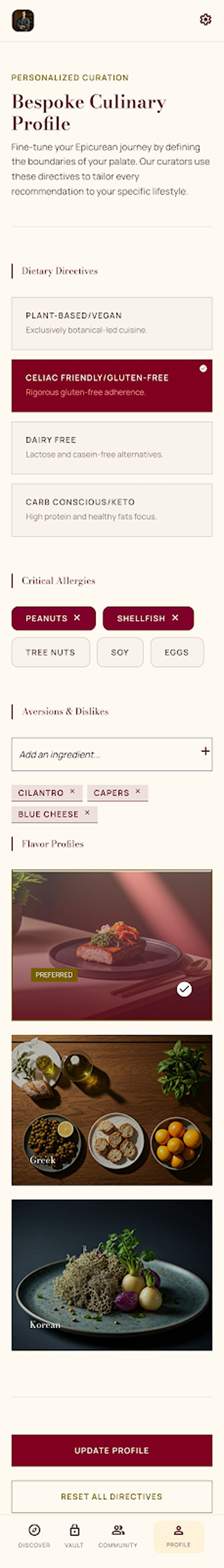 Preference profile mockup